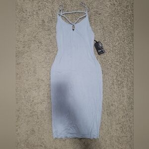 Popular Basics Light Blue Midi Bodycon Dress with Strappy Keyhole